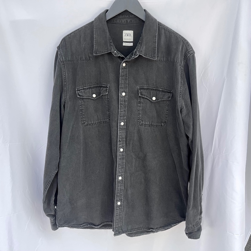 Men's Zara Western Shirt Black Washed XL Relaxed Fit